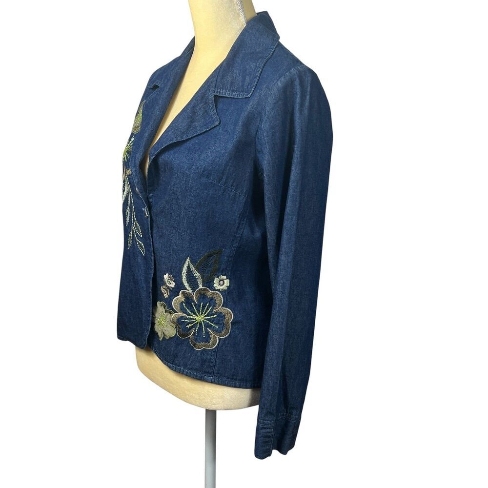 Tantrums Women's PS Blue Denim Floral Embroidered Beaded Blazer Jacket Cotton - Picture 7 of 14